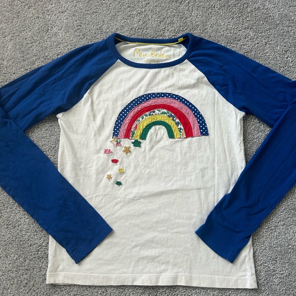 Mini Boden Blue and White Long Sleeve Rainbow Tee